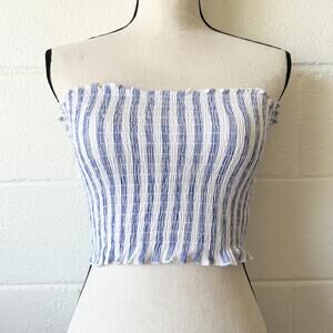 Forever 21 F21 Blue White Striped Sleeveless Smocked Bandeau Top Women's Small
